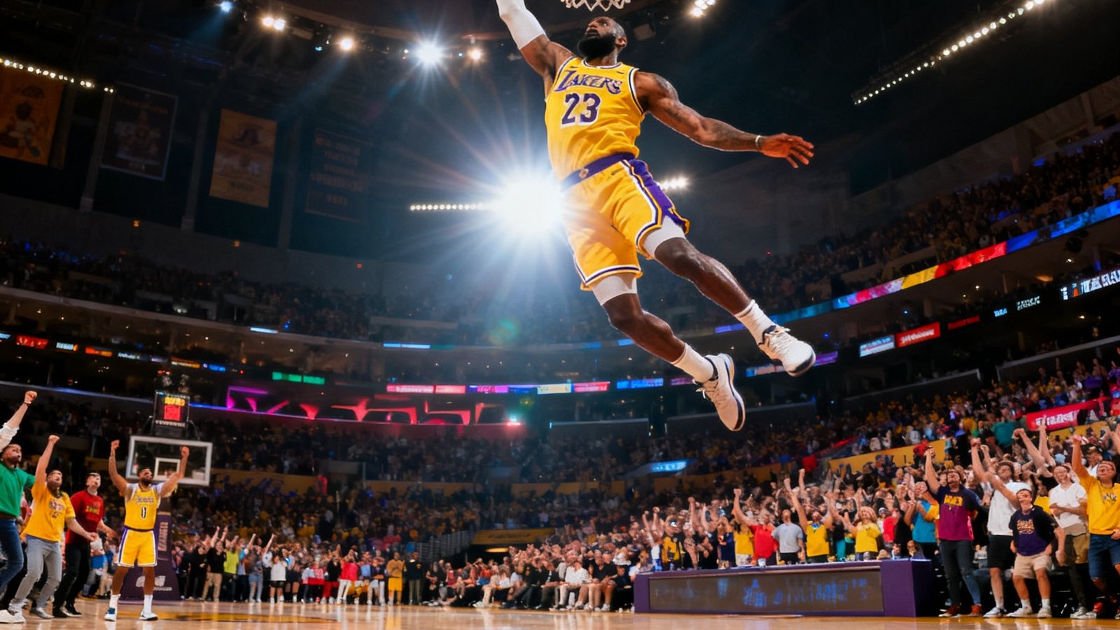 NBA赛事直播画面，湖人队球员飞身扣篮瞬间，篮球场馆内观众欢呼沸腾，灯光聚焦球场中央