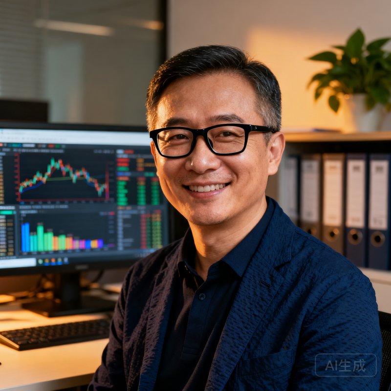 创始人陈远航，中年男性，戴眼镜，穿着商务休闲装，站在数据分析办公环境中微笑