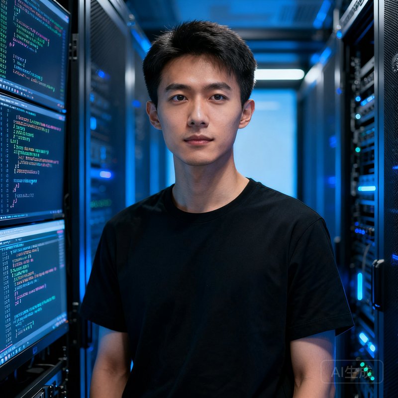 联合创始人张明哲，年轻男性，短发干练，穿着黑色T恤，背景为代码屏幕和服务器机房