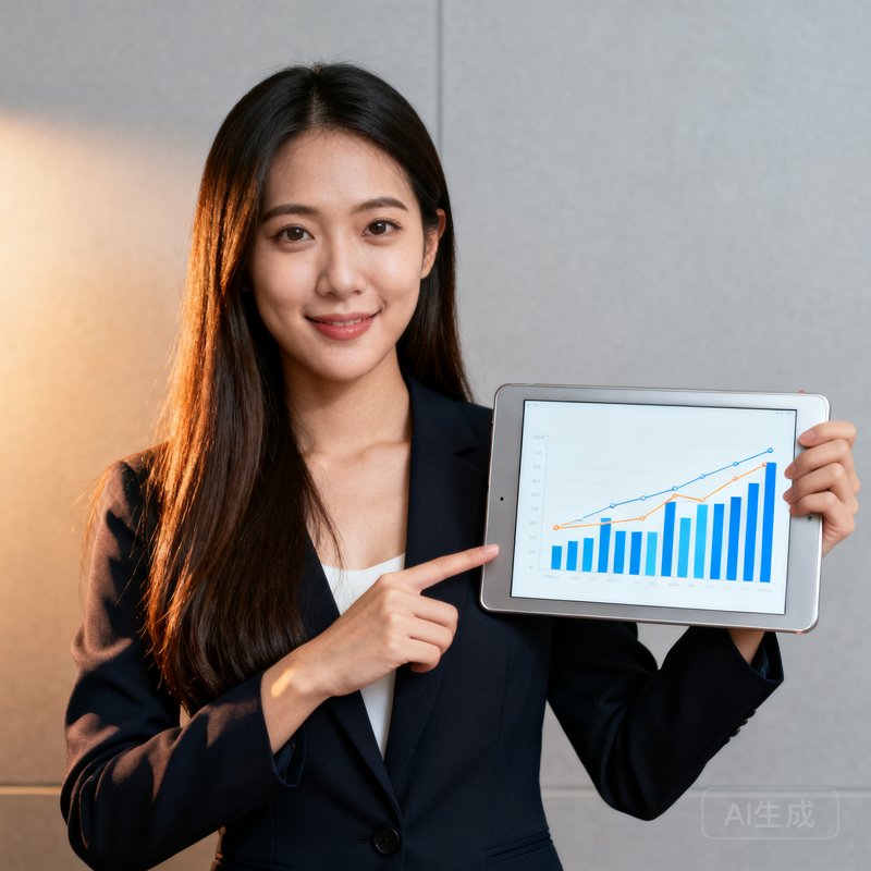 首席数据科学家李雨桐，年轻女性，长发，穿着职业套装，手持平板电脑展示数据图表